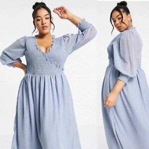 ASOS Curve midi smock dress with shirred cuffs in blue size US12